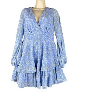 Japna Womns S Dress‎ Blue Boho Romantic Smocked Ruffle Ditsy Floral Tie Waist
